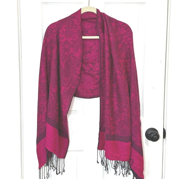 pashmina Accessories - Pashmina Silk Blend Paisley Shawl Wrap Scarf Fuchsia Magenta Pink Fringe Trim